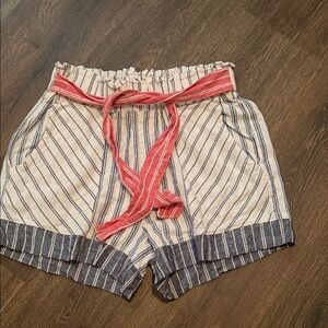 Cato Blue and White Striped High Waist Linen Shorts with Red Tie